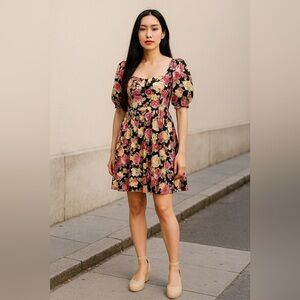 Floral Dress Women Size XS Black Mini Short Puff Short Sleeves Bustier Smock